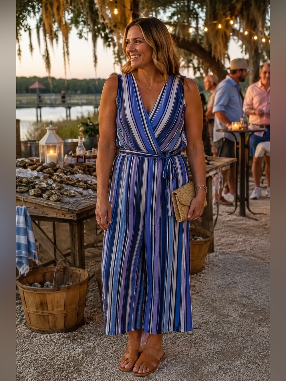Xhilaration Blue Lavender Striped Wide Leg‎ Wrap Romper Women's Small